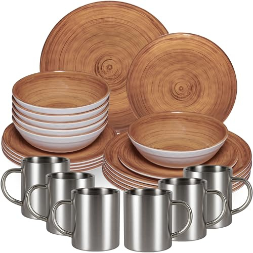 Service de table en mélamine marron pour 6 personnes – 24 pièces avec tasses thermiques en acier inoxydable aspect faïence passe au lave-vaisselle Vaisselle de camping caravane camping festival