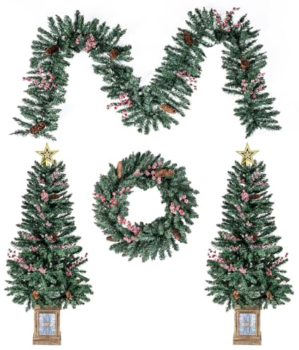 COSTWAY Künstlicher Weihnachtsbaum im Topf 2er Set, 120 cm Mini Tannenbaum mit Weihnachtsgirlande & Weihnachtskranz, Christbaum mit Kiefernzapfen, frostigen roten Beeren & Stern, Kunstbaum Weihnachten