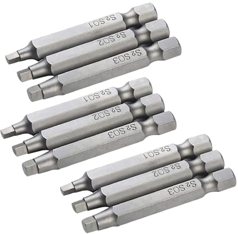 9Pcs 50mm Square Head Screwdriver Bit Set with 1/4 Inch Hex Shank | Accessory Tool Kit for Electric Hand Screwdrivers, S2 Steel SQ1 SQ2 SQ3 Magnetic Square Screw Driver Bits