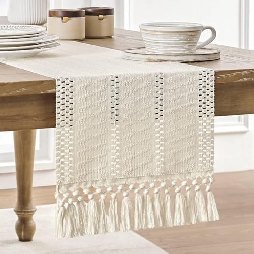 FOLAI Gemütliche Beige Boho deko Makramee Tischläufer, Baumwollflachs mit Quasten Table Runner(30x120cm)für Küche, Vintage Bauernhaus, Böhmische Hochzeit & Tabletop Dekor