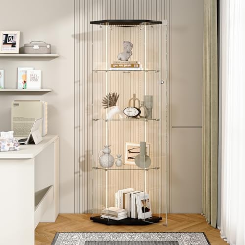 Vetrina angolare con illuminazione a LED, vetrina in vetro con ante in vetro, 4 ripiani in vetro, vetrina angolare in vetro e legno, moderna vetrina da collezione per soggiorno, camera da letto