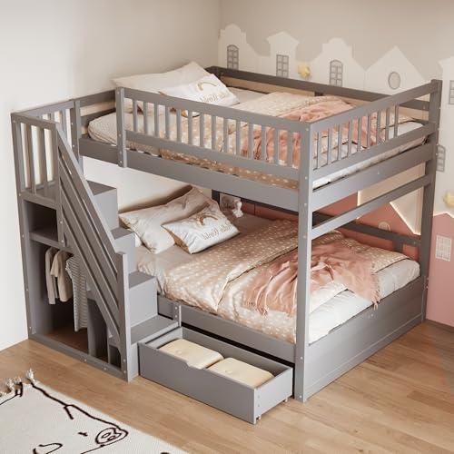 Etagenbett Stockbett 140x200 Grau Schlafbett mit Schubladen und Treppenregal Funktionsbett in Kiefer-Material Massiv-Kiefer Bettgestell für Jugendzimmer Gästezimmer Apartment