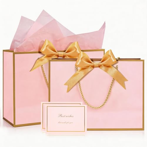 Rosa Mittlere Geschenktüten Set, 2 Stück Papiertüten mit 4 Seidenpapier und 2 Grußkarten, für Mädchen Geburtstags Party Hochzeit Brautjungfer Valentinstag Geschenkverpackung
