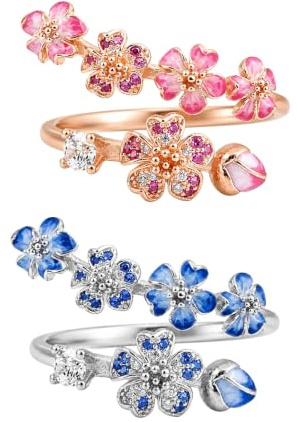 Generisch Peach Blossom Ring, Pink Cherry Blossom Flower Branch Adjustable Open Ring, Rose Gold Floral Jewelry Gifts for Women (2pcs-mix)