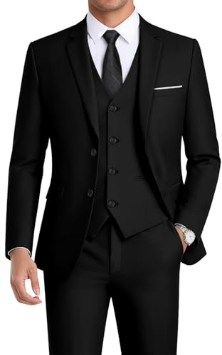 WEEN CHARM Herr två-knappars smal passform 3-delad kostym blazer jacka smoke väst & byxor set, Svart, XS