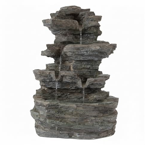 Tabletop Waterfall Fountain with Cascading Rock and LED Lights - Resin Tiered Stones for Office, Patio, and Home Decor by Pure Garden (Gray)