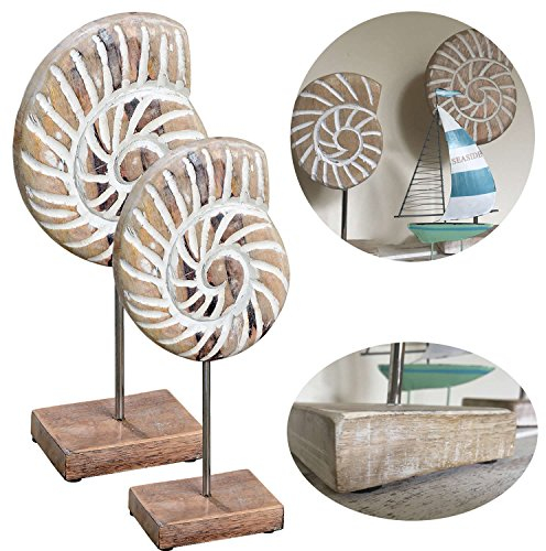 LS-LebenStil Deko Objekt Set 2X Mango Holz Aufsteller Muschel 26/32xm Sockel Säule Ständer zum Hinstellen Maritim Grau Weiß Skulptur Figur Maritime Deko Meer Strand Nordsee Bad Wohnzimmer