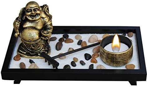 Zen Garden Deluxe Desk Meditation Garden Wu Lou Zen Statue Includes, Tea Light Holder, Sand, Rocks, And Rake (Candle Not Included) Peace & Tranquility