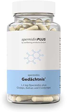 Spermidin Gedächtnis Kapseln - 2 mg natürliches Spermidin | Spezialformel mit aktivierten B-Vitaminen, Vitamin E, Zink, Eisen und Safran | Apothekenqualität aus Österreich