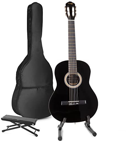 MAX SoloArt akustische Gitarre mit Tasche, Fußstütze und Gitarrrenständer, Stimmgerät, Plektrum, Gurt und Zubehör - Spanische Akustik-Gitarre für Anfänger, Konzertgitarre in Schwarz