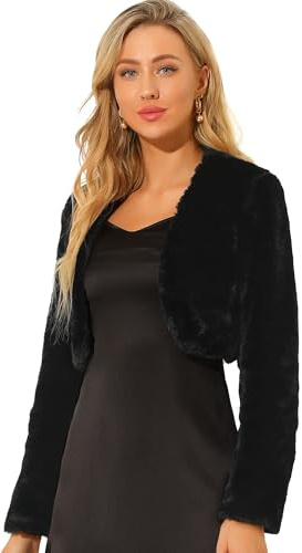 Allegra K Women's Fur Jacket Cropped Wedding Bolero Gown Fuzzy Open Front Formal Faux Fur Evening Shrug Coat X-Small Black