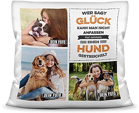 PfotenSchild Hunde Kissen mit Füllung - Fotocollage - Vierbeiner - Glück - mit DREI Fotos selbst gestalten - Geschenk für Hundebesitzer - Weiß, 40 x 40 cm
