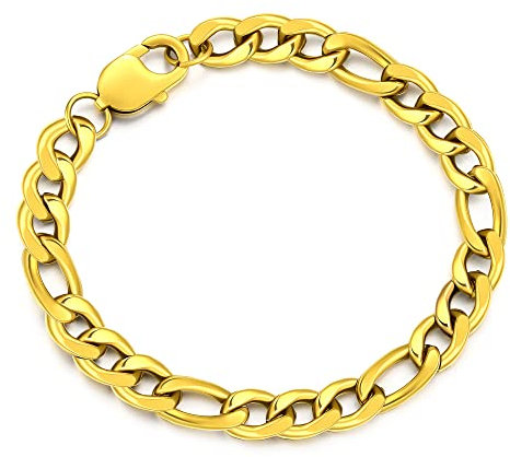 AFSTALR Figaro Armband Herren Edelstahl Gold Kette 9mm breit Figarokette Armkette Länge 19cm, Schmuck Geschenk für Manner