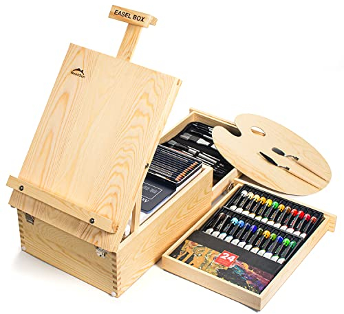 WEEKSUN Caballete de Mesa, Caja de Caballete de Madera Sólida con 24 Pinturas Acrílicas, 10 Pinceles Acrílicos, 12 Lápices Colores y Otros Suministros de Arte para Artistas Principiantes Aficionados
