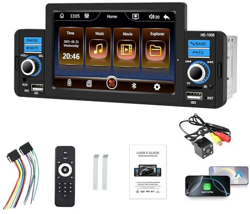 Autoradio 1 DIN, autoradio da 5 pollici per Carplay e Android Auto, lettore Mp5 touch screen radio FM, Mirror Link, BT/SD/USB/Aux, telecamera posteriore a 4 LED, telecomando