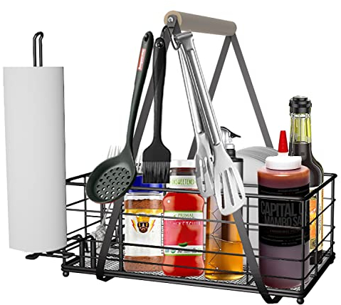 LELOCLE Großer Grill- und Picknick-Caddy mit Papierhandtuchhalter, BBQ Organizer für Utensilien, Teller, Gewürze, zusammenklappbar und leicht zu transportierender Grillkorb