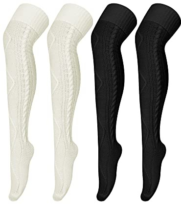 Bencailor 2 Paar Winter Schenkel Strümpfe Gestrickte Overknee Socke Extra Lange Kniestrümpfe Stiefelsocke für Frauen, Schwarz und Weiß