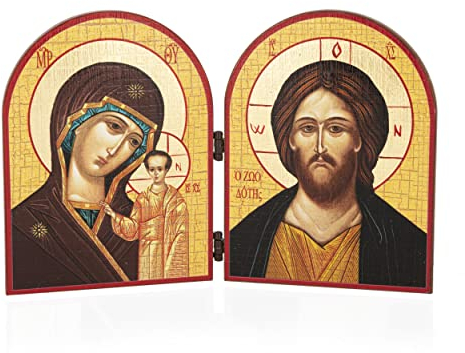 NKlaus GM Von Kazan und Jesus Christus Diptychon Holz Ikone 23,5x16cm christlich 11087
