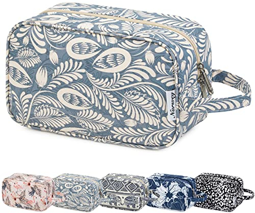 Narwey Kulturtasche Damen Kulturbeutel Herren Kosmetiktasche Schminktasche Damen Waschtasche Kinder,Schminkkoffer Mädchen Kosmetikkoffer Travel Essentials für Frauen (Blaues Blatt)