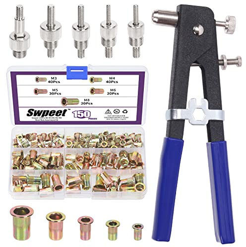 Swpeet Lot de 151 écrous à rivets M3 M4 M5 M6 M8 avec rivets manuels de 26,6 cm - Kit d'assortiment d'écrous à filetage robuste - Outils de rivetage aveugles - Clé à riveteuse manuelle - Insert fileté