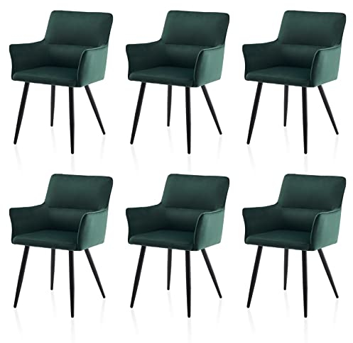 TUKAILAI Esszimmerstühle 6er-Set aus Samt, Modern Polsterstuhl Küchenstuhl mit Armlehnen, Rückenlehne, Polstersitz, Metallbeine,Wohnzimmer-Sessel, Esszimmer Küche, 6 stück Stuhl, Grün