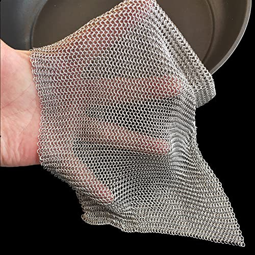 Cast Iron Scrubber, 316L Stainless Steel Fine Mesh Scraper, Upgraded 3.8mm Chainmail Scrubber, for Pre-Seasoned Pot Dutch Oven Waffle Maker Cast Iron Skillet Pan Glass Container (10''x10'')