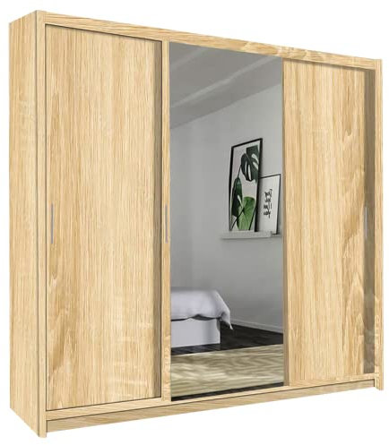 Ibaraki Modern 3 Door Stylish Sliding Mirror Wardrobe with Drawers and Hanging Rail (Oak)