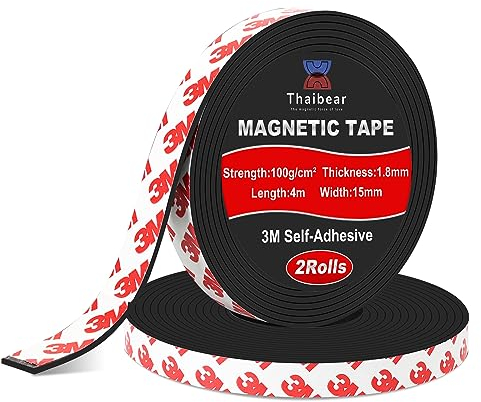 Magnetic Tape, 2 Rolls Magnetic Strips with 3M self adhesive Backing (15mm Wide x 4m Long), Magnet Tape Strip Roll Perfect for DIY, Art Projects, whiteboards & Fridge