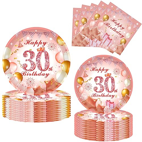 52Pcs 30th Paper Plates and Napkins Rose Gold,16 Guests Pink and Gold 30th Birthday Party Tableware Paper Plates and Napkins Set for Women 30th Birthday Gifts,Birthday Party Decorations Supplies