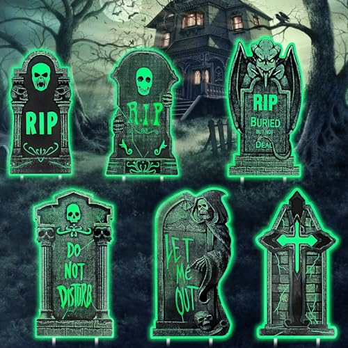 KOIROI Halloween Grabstein Leuchtend, 6 Stück Halloween Deko Outdoor Grabstein, Halloween Schaumstoff RIP Friedhof Grabsteine, Grusel Deko Halloween Deko Garten, Halloween Friedhof Deko