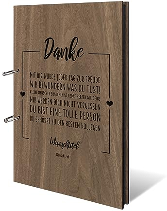 Personalisiertes Fotoalbum echtes Holz DIN A4 Abschiedbuch mit Lasergravur - Kollegen - mit 25 Blatt / 50 Seiten Fotokarton Schwarz
