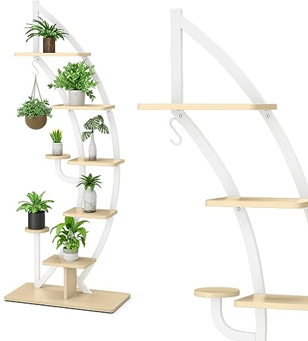 RELAX4LIFE Porte-Plante en Forme de Lune, Étagère à Fleurs à 5 Niveaux en Métal, Grand Présentoir Plante, Crochet de Suspension, Décoratoin Intérieure pour Salon Balcon (Blanc, 1)