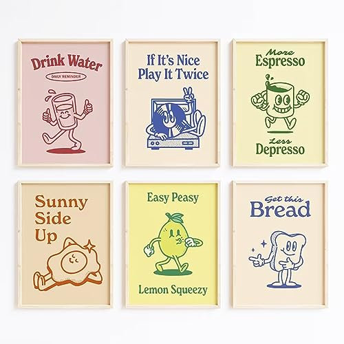 Retro Trendy Wall Art Decor Kitchen Aesthetic Canvas Wall Art Vintage Cute Pictures Funny Green Poster Retro Pink Prints Vintage Gallery Painting Funky Artwork for Room 8x10 Inch Unframed Set of 6