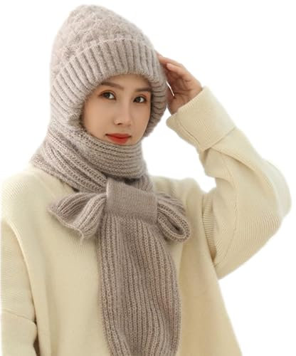 tedious Bonnet Coupe-Vent avec Protection auditive intégrée,Chapeaux écharpe à Capuche d'hiver 2 en 1 Femmes,Bonnet tricoté avec Cache-Cou,Chapeau Chaud épais,Accessoires d'hiver Femmes