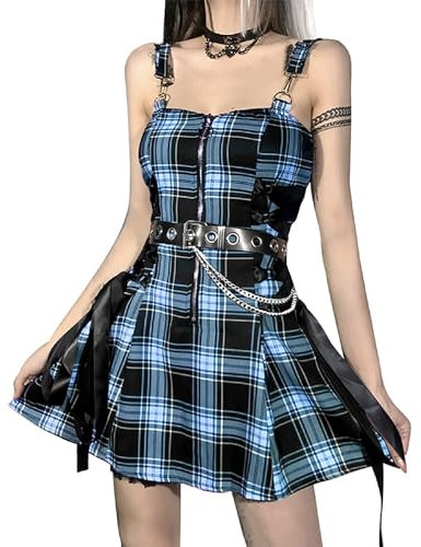 DINGJIUYAN Gothic Lolita Plaid Dress with Belt Y2K Egirl Punk Pleated Dresses Spaghetti Strap Mini Emo Alt Goth Streetwear