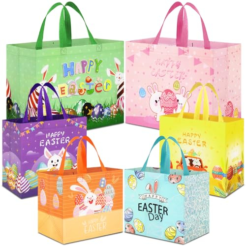 AhfuLife Ostertüten für Kinder, 6 Stück Wiederverwendbare Ostereiersuche-Taschen mit Griffen, Enthält 2 Große und 4 Kleine Non-Woven Oster Geschenktüten für Ostereiersuche Partyzubehör Ostern Deko