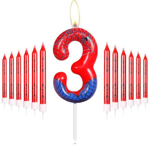 Personalisiertes Happy 3rd Birthday Kuchen Kerzen Set, Blau Rot Kerzen mit Spinnennetz, Spinne Nummer 3 Kerzen Kuchen Topper für Kuchen, Spinne Thema Party Kerzen für Jungen Mädchen 3. Geburtstag