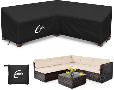 Kipiea Abdeckung Loungemöbel L-Form Gartenmöbel Abdeckung Wasserdicht, 420D Abdeckung Loungemöbel Winddicht, L Form GartenLounge Abdeckplane für Ecksofa Gartenmöbel (V-Förmig 216x216x85x78cm)