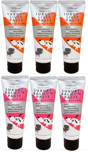 Liver Paste & Salmon Paste Tubes for Dogs and Cats 75g [Pack of 6] Grain Free, Hypoallergenic Luxury Liver Pate Ideal Training Aid, Medication Administering, Lick Matt