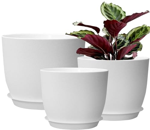 PROFIKLA 30cm, 25cm,23cm Plastic Plant Pots, Pack of 3 Planters, Large Plant Pots with Drainage Holes and Saucers, Modern Decorative Flower Pots, White
