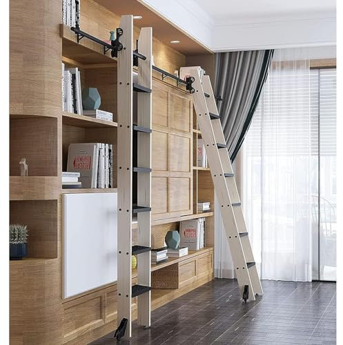 FUYAO di binari scorrevoli per libreria Scorrevole a Tubo Tondo, Scala Retrattile per libreria Scorrevole, con Rullo da Pavimento con Freno, per casa/Interno/Loft/Biblioteca (Senza Scala)