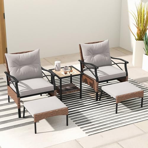 GIANTEX Rattan Gartenmöbel Set, Balkonmöbel Kleiner Balkon, Terrassenmöbel Set 2 Sessel mit Hocker, inkl. Kissen, Balkonmöbel Set Balkon 2 Personen, Garten Sitzgruppe Gartenlounge Outdoor Möbelsets