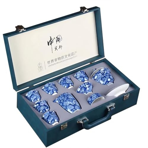 YoeEoay Premium Blau-Weiß Porzellan Tee-Set, 11 Stück Vintage Chinesisches Keramik Teeservice, Tragbares Reise Kungfu Tee Set, Geschenkverpackung Im Koffer - Ideal Für Tee-Liebhaber