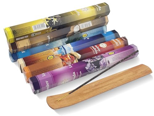 Rseuphiee 120 Sticks Räucherstäbchen Set, 6 Boxen mit 6 Düfte, Bernstein Moschus, Lavendel, Regenwald, Kokosnuss, Ozean, Vanille, inklusive 1 Räucherstäbchen Halter, for Entspannung, Meditation