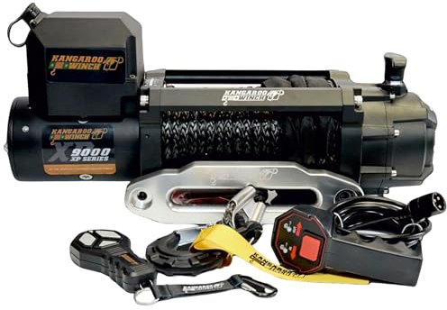 KANGAROO WINCH Schnelle Elektrische Seilwinde 12V mit Funkfernsteuerung - 9000 lbs Zugkraft - Langlebiges Kunststoffseil - Perfekt für Offroad - 4x4 Forst- und Nutzfahrzeuge (K9000XP)