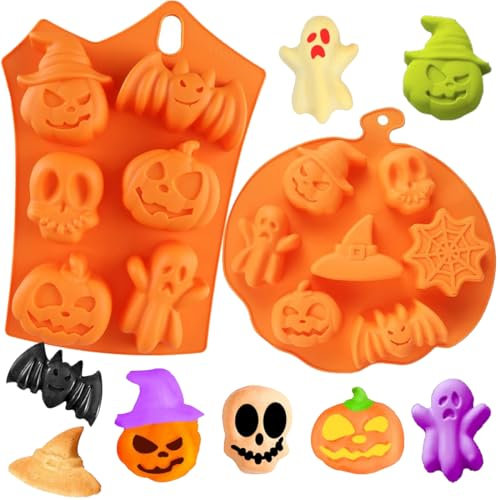 Halloween Stampo in Silicone di Zucca, Stampi da Forno in Silicone di Halloween, Halloween Stampi in Silicone per Dolci biscotti al cioccolato, Pipistrello Zucca Faccia Cranio Fantasma Stampo(2pcs)