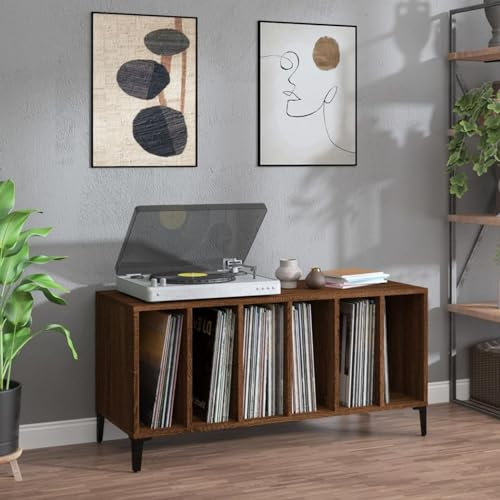 IKAYAA Mueble de Discos de Madera Con Patas Metálicas 100x38x48 cm, Tocadiscos de Vinilo Stand, Estanteria CD, Para Vinilos, Marrón Roble
