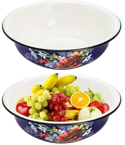 Lawei Set of 2 Enamel Bowl, 4 Quart Large Enamel Salad Serving Mixing Bowl with Black Rim, Vintage Enamelware Plate Dish for Fruit Salad Pasta Soup Dinner, Round Dough Making Bowl Washing Basin, 12in