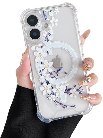 DEFBSC Magnetic Case for iPhone 16 Plus [Compatible with Magsafe], Clear Floral Flower Print Design Flexible Acrylic Bumper Protective Shockproof Case for iPhone 16 Plus - White Pear Blossom