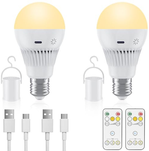 Bombilla Recargable USB C con Control Remoto, 9W E27 Bombilla LED con Mando con Control Táctil y Función de Temporización, 3 Temperaturas de Color, 3000mAh, Luz de Emergencia para Hogar y Exterior
